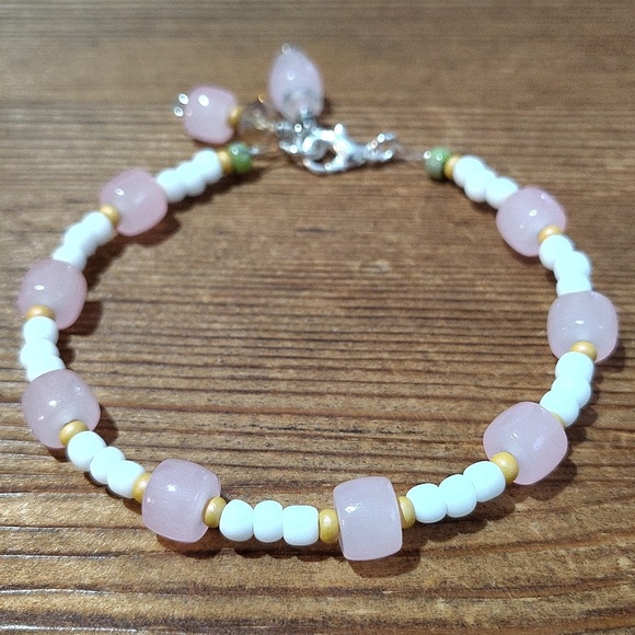 Beaded Ladies Bracelet, Pink and Matte White Handmade Ladies Bracelet - Picture 5 of 6